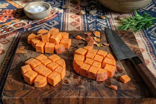 Raw sweet potatoes on the cutting board.